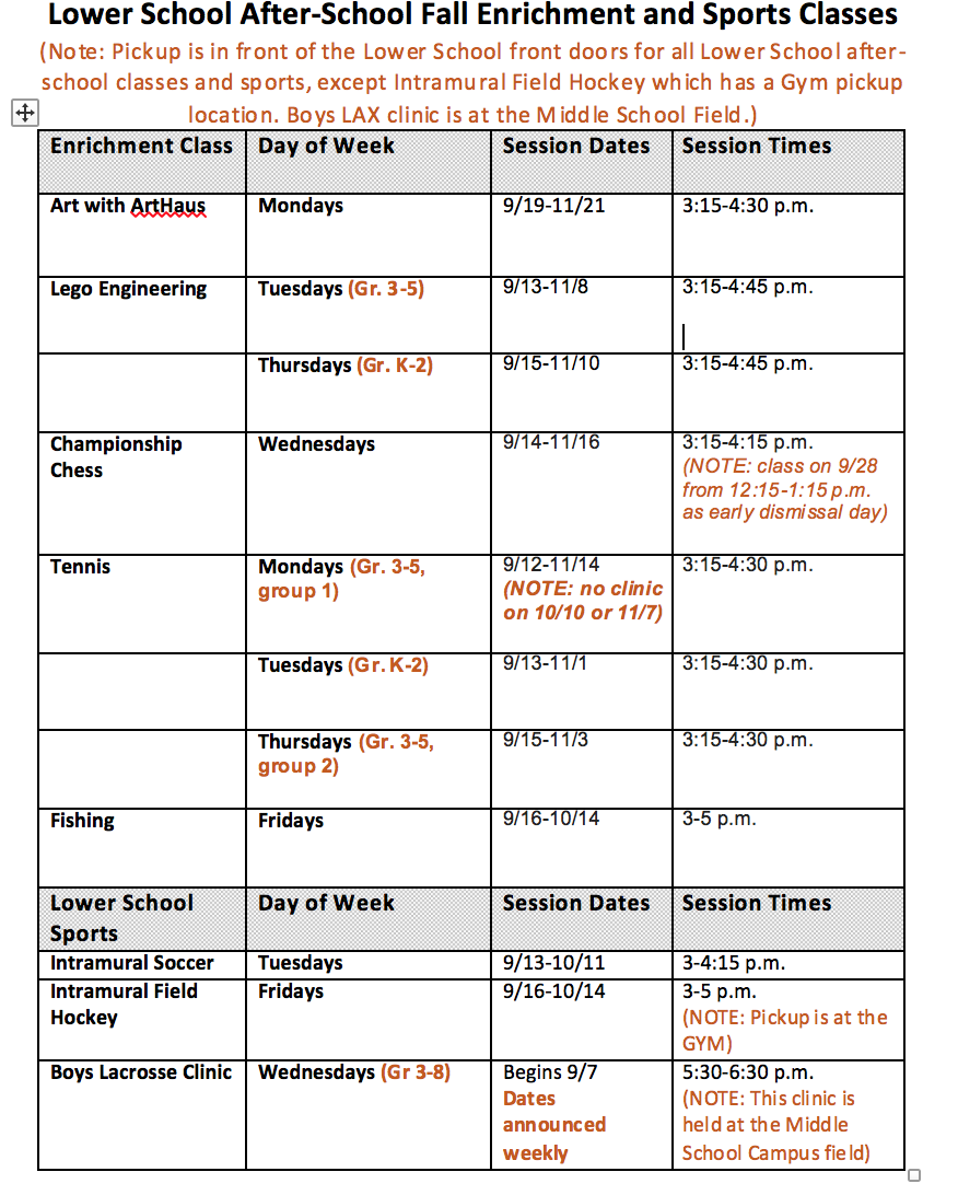 Lower School After-School Activities/Intramural Sports - Schedules ...