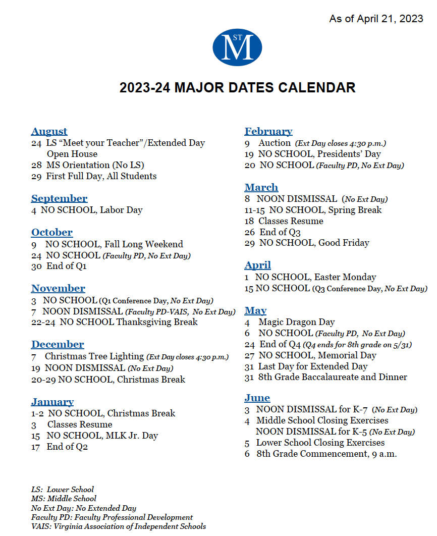 20232024 Key Dates Schedules News & Events St. Michael's